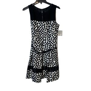 NEW Danny & Nicole Fit & Flare Mini Dress Womens 12P Black Polka Dot Belted Mesh